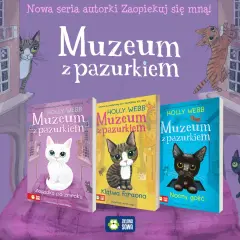 Książki o kotach z serii "Muzeum z pazurkiem" Holly Webb. Trzy okładki z kotami i tytułami: "Zagadka po zmroku", "Klątwa faraona", "Nocny gość".