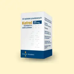 Opakowanie leku Ketrel 25 mg, zawierające 30 tabletek powlekanych. Stosowany w leczeniu schizofrenii i zaburzeń dwubiegunowych.