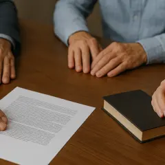Rodzina przy stole, dokumenty i księga. Rozmowa o spadku po rodzicach.