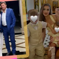 Marcin Rogacewicz z żoną i dziećmi. Rodzina w eleganckich strojach, gotowa na uroczystość.