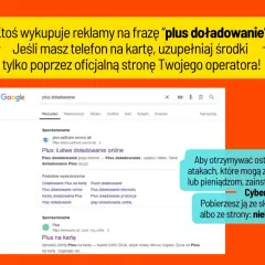 Ostrzeżenie przed oszustwami przy frazie "jak doładować konto Plus". Uzupełniaj środki tylko na oficjalnej stronie operatora.