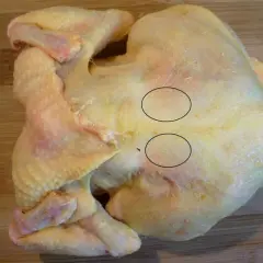 Un poulet cru sur une planche à découper en bois. Deux zones sont encerclées, montrant des fibres musculaires. On dirait que le sot l'y laisse est prêt à être cuisiné.