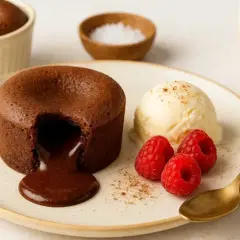 Un fondant au chocolat coulant, servi avec une boule de glace vanille, des framboises et une cuillère dorée. Un délice !