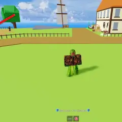 Ein Spieler in Blox Fruits mit Wassermelonen-Outfit. Ein Pfeil zeigt auf das Eingabefeld, wo man einen blox fruit code eingeben kann.