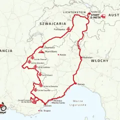 Mapa trasy motocyklowej przez Alpy, obejmująca Francję, Szwajcarię, Włochy i Austrię.
