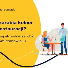 Ile zarabia kelner w restauracji? Grafika przedstawia kelnera podającego danie klientce przy stoliku, sugerując temat zarobków w gastronomii.