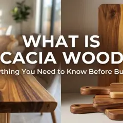 Beautiful acacia lumber forms a table and cutting boards, showcasing its rich grain. Learn all about acacia wood before you buy!