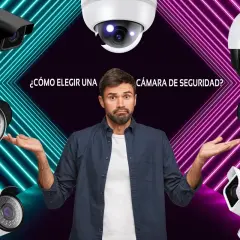 Hombre confundido rodeado de cámaras de videovigilancia IP. ¿Cómo elegir la cámara de seguridad perfecta?
