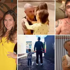 Robbie Williams med sina barn. En bild visar honom med en bebis, en annan med sina äldre barn.