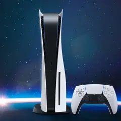 Konsola PS5 i kontroler DualSense na tle kosmosu. Data premiery PS5 była wyczekiwana przez graczy na całym świecie.