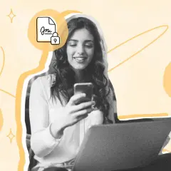 Mujer sonríe usando su móvil, con iconos de firma, seguridad y balanza. Proceso para firmar por orden de forma segura.