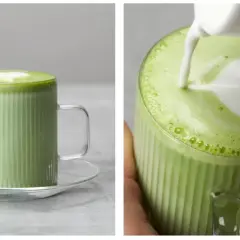 Zielony napój matcha w szklance z pianką w kształcie serca. Dowiedz się, jak zrobic matche i cieszyć się tym orzeźwiającym napojem.