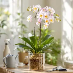 Piękny storczyk Dendrobium Nobile kwitnie, gotowy do domowej uprawy. Obok konewka i nożyczki.