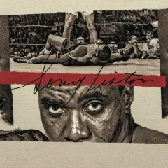 A collage of boxing legend Sonny Liston, featuring his intense gaze, profile shots, and a dramatic in-ring moment.