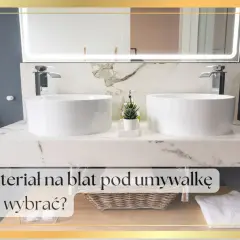 Elegancki blat w łazience z dwoma umywalkami. Marmurowy wzór blatu dodaje luksusu.