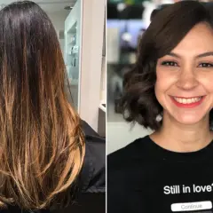 Vorher-nachher-Vergleich: Lange Haare werden zu einem stilvollen, welligen long bob geschnitten.