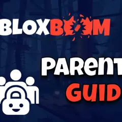 Grafika z logo "Bloxboom", ikoną rodziny z kłódką i napisem "PARENTS GUIDE".