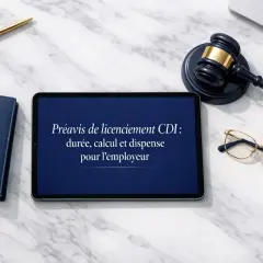 Sur une tablette, un modèle de lettre à son employeur concernant un préavis de licenciement CDI. Un marteau de juge, des lunettes et un stylo sont disposés autour.