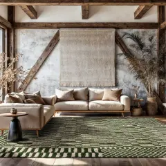 Ein grüner Teppich mit geometrischem Muster liegt auf einem dunklen Holzboden. Dahinter stehen helle Sofas vor einer rustikalen Wand.