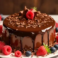 Gâteau au chocolat brillant, décoré de framboises, myrtilles et copeaux de chocolat. Un délice qui fait penser à c'est quoi le beurre de cacao.