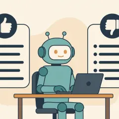 Uśmiechnięty robot przy laptopie, z listami "za" i "przeciw" po bokach. Chatoo analizuje dane.
