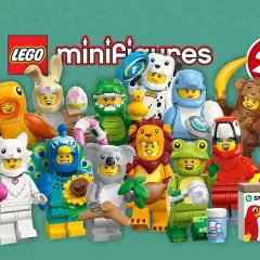 Lego Minifiguren Serie 28: Eine bunte Truppe von Tierfiguren, darunter ein Hund, ein Affe, ein Löwe und ein Frosch, bereit für Abenteuer.