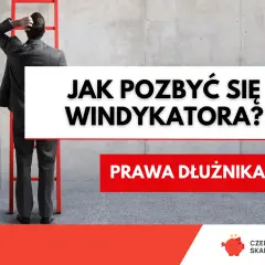 Mężczyzna w garniturze stoi przed drabiną, zastanawiając się, co może windykator chwilówki. Tekst: "Jak pozbyć się windykatora?".