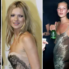 Kate Moss ung i en ljus klänning och en genomskinlig silverklänning.