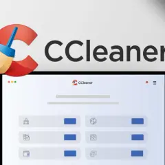 CCleaner 6: Logo mit Besen und Tablet-Ansicht, das die Benutzeroberfläche der Software zeigt. Ein grünes Banner mit "TEST" ist sichtbar.