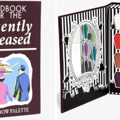 Beetlejuice colors eyeshadow palette shaped like coffins, featuring shades like "Betelgeuse" and "Sandworm.