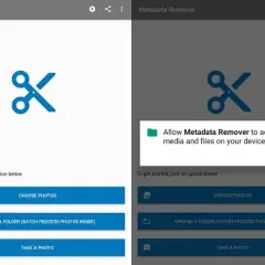 Android app "Metadata Remover" prompts for permission to access photos, media, and files. Options include choosing photos, a folder, or taking a photo.