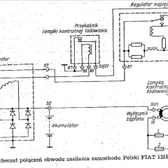 Schemat elektryczny alternatora, przekaźnika, regulatora napięcia i lampki kontrolnej ładowania.