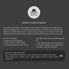Ikona w okularach i kapeluszu symbolizuje tryb инкогнито. Przeglądaj sieć prywatnie, ale pamiętaj, że aktywność może być widoczna dla pracodawcy.