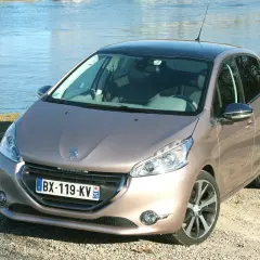 Peugeot 208 GPL color bronzo, parcheggiata su ghiaia vicino a un lago.