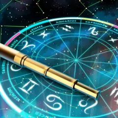 Złota luneta spoczywa na tle koła zodiaku, gdzie 23 sierpnia znak zodiaku to Panna.