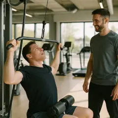 Mann trainiert am Latzug, sein Trainer lächelt. Vielleicht lernt er für sein Fernstudium Fitnesstrainer.