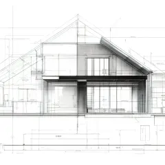 Szkic architektoniczny przedstawiający przekrój domu z widoczną elewacją frontową, wymiarami i detalami konstrukcyjnymi.