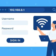 Logowanie do routera Huawei przez 192.168.8.1. Kobieta z laptopem wskazuje na ikonę Wi-Fi.