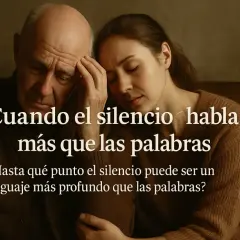 Un hombre y una mujer en silencio, con expresiones de profunda reflexión. El texto dice: "Cuando el silencio habla más que las palabras". Son indirectas frases de silencio que dicen mucho.