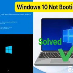 Niebieski ekran błędu Windows 10 z komunikatem "INACCESSIBLE_BOOT_DEVICE" obok laptopa z napisem "Solved" i zielonym zaznaczeniem.