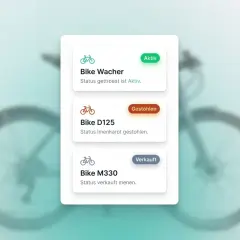 Übersicht über den Fahrrad-Pass: Bike Wacher (Aktiv), Bike D125 (Gestohlen), Bike M330 (Verkauft).