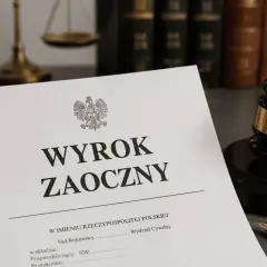 Dokument z napisem "WYROK ZAOCZNY" leży obok młotka sędziowskiego i wagi sprawiedliwości.