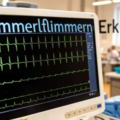 EKG-Monitor zeigt "Kammerflimmern erklärt". Grüne Herzschlagkurven auf schwarzem Bildschirm. Schnelle Hilfe ist entscheidend.