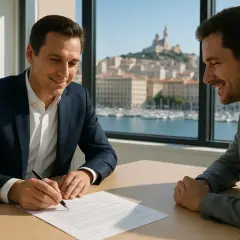 Un homme signe un document, peut-être une lettre de demande de radiation, devant un collègue souriant. La vue sur la ville et le port est magnifique.