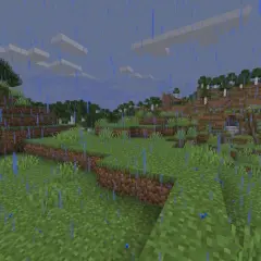 Deszczowy krajobraz w Minecraft. Chcesz wiedzieć, jak zmienić pogodę w MC? Wystarczy wpisać komendę `/weather clear`.