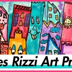 A vibrant, whimsical cityscape in the style of James Rizzi art, featuring colorful buildings with faces and playful details.