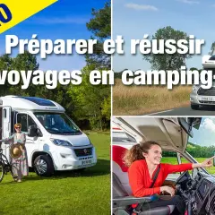 Une famille prépare son voyage en camping-car. Une femme sourit en regardant un GPS dans un camping-car.