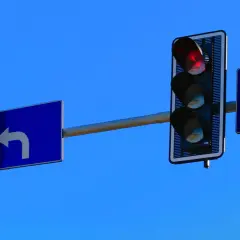Sygnalizacja świetlna z czerwonym światłem i znakami kierunkowymi. Tutaj są kamery rejestrujące przejazd na czerwonym świetle.