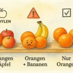 So lagern Sie Apfelsinen richtig: Äpfel und Ethylen neben Orangen vermeiden. Bananen machen Orangen traurig. Nur Orangen sind glücklich.