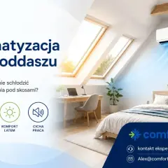 Klimatyzacja na poddaszu zapewnia komfortowy chłód latem. Cicha praca urządzenia nie przeszkadza w odpoczynku.